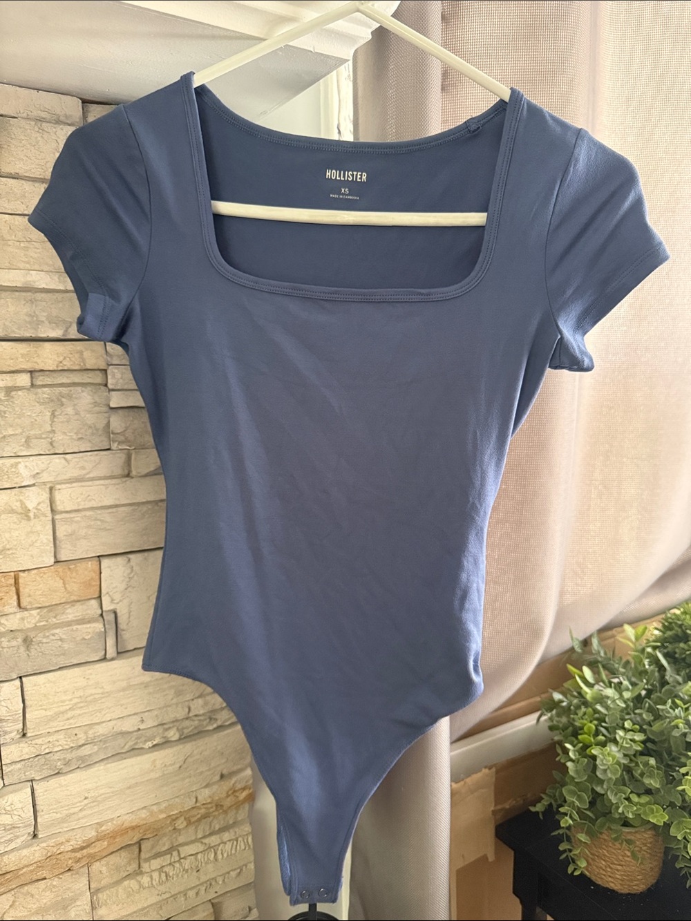 Hollister Women's Slate Blue Square Neck Short Sleeve Bodysuit